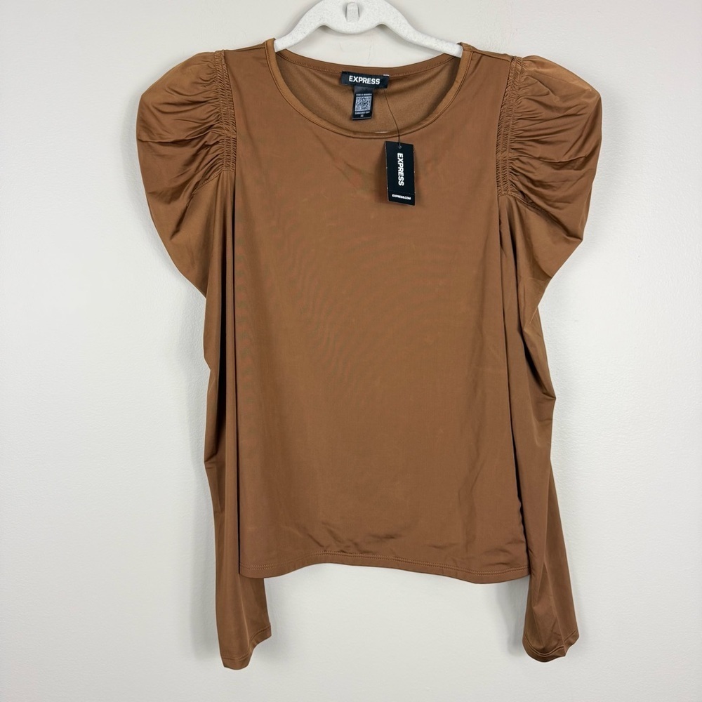 Express Bodycon Top Puff Sleeve Womens XS Brown Fitted Long Sleeve Y2K Shirt